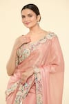 Buy_Samyukta Singhania_Peach Saree Crepe Satin Silk Embroidery Floral Leaf Thread Blouse With _Online_at_Aza_Fashions