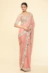 Shop_Samyukta Singhania_Peach Saree Crepe Satin Silk Embroidery Floral Leaf Thread Blouse With _Online_at_Aza_Fashions