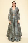 Samyukta Singhania_Green Silk Printed Stone Blouse Leaf Embellished Hem Jacket With Lehenga Set _Online_at_Aza_Fashions