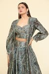 Samyukta Singhania_Green Silk Printed Stone Blouse Leaf Embellished Hem Jacket With Lehenga Set _at_Aza_Fashions