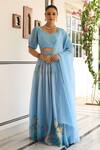 Buy_Pheeta_Blue Blouse Muslin Digital Print Floral Leaf Neck Megh Lehenga Set _at_Aza_Fashions