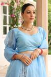 Pheeta_Blue Blouse Muslin Digital Print Floral Leaf Neck Megh Lehenga Set _at_Aza_Fashions