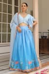 Pheeta_Blue Blouse Muslin Digital Print Floral Leaf Neck Neer Lehenga Set _Online_at_Aza_Fashions