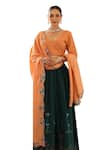 Shop_Pheeta_Green Lehenga And Blouse Cotton Hand Painted Bow-arrow V Neck Tam Set _Online_at_Aza_Fashions