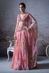 Buy_Mahima Mahajan_Pink Organza Embroidered Mirror Plunge-v Dua Floral Print Gathered Lehenga Set _at_Aza_Fashions