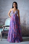 Buy_Mahima Mahajan_Purple Organza Print Floral Plunging V Neck Lisa Embroidered Yoke Gown _at_Aza_Fashions