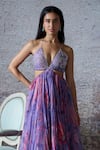 Mahima Mahajan_Purple Organza Print Floral Plunging V Neck Lisa Embroidered Yoke Gown _Online_at_Aza_Fashions