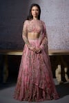 Buy_Mahima Mahajan_Pink Organza Print Floral Zero Neck Radha Mirror Embroidered Lehenga Set _at_Aza_Fashions