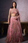 Mahima Mahajan_Pink Organza Print Floral Zero Neck Radha Mirror Embroidered Lehenga Set _at_Aza_Fashions