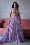 Buy_Mahima Mahajan_Purple Silk Chanderi Print Floral Ruhi Sequin Embroidered Bridal Lehenga Set _at_Aza_Fashions