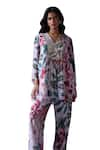 Mahima Mahajan_Pink Georgette Print Floral V Neck Saya Tropical Kurta With Pant _Online_at_Aza_Fashions