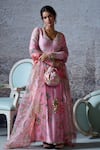 Buy_Mahima Mahajan_Pink Silk Chanderi Print Floral V Neck Subah Kurta With Dupatta _at_Aza_Fashions