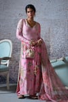 Buy_Mahima Mahajan_Pink Silk Chanderi Print Floral V Neck Subah Kurta With Dupatta _Online_at_Aza_Fashions