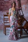 Buy_Mahima Mahajan_Pink Organza Print Sequins Paan Neck Zafa Floral Pre-draped Saree And Blouse Set _at_Aza_Fashions