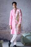 Buy_Mahima Mahajan_Pink Silk Chanderi Print Gul Azaan Mirror Embroidered Sherwani Set _at_Aza_Fashions