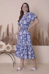 Surabhi Arya_Blue Cotton Printed Floral V Neck Dress _Online_at_Aza_Fashions