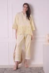 Buy_Surabhi Arya_Yellow Cotton Embroidered Cutwork Collared V Hem Shirt And Pant Set _at_Aza_Fashions