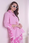 Surabhi Arya_Pink Cotton Print Striped Collar Neck Bloom Cutwork Shirt With Pant _at_Aza_Fashions