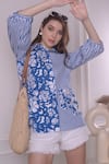 Shop_Surabhi Arya_Blue Cotton Print Striped Collar Neck Flora Lace Embellished Shirt _Online_at_Aza_Fashions