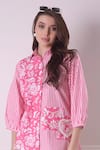 Surabhi Arya_Pink Cotton Print Striped Collar Neck Flora Bloom Shirt _Online_at_Aza_Fashions