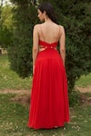 Shop_AMRTA by GUNEET KONDAL_Red Linen Crepe Studs Plunge Waist Cut-out Maxi Dress _at_Aza_Fashions