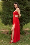 AMRTA by GUNEET KONDAL_Red Linen Crepe Studs Plunge Waist Cut-out Maxi Dress _Online_at_Aza_Fashions