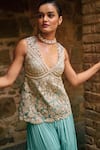 Buy_Bhumika Sharma_Blue Georgette Embroidered Floral V-neck Short Kurta With Sharara _Online_at_Aza_Fashions