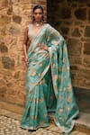 Buy_Bhumika Sharma_Blue Organza Embroidered Floral Deep Plunge Sylvia Flower Print Saree Set _at_Aza_Fashions