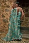 Shop_Bhumika Sharma_Blue Organza Embroidered Floral Deep Plunge Sylvia Flower Print Saree Set _at_Aza_Fashions