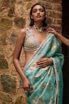 Bhumika Sharma_Blue Organza Embroidered Floral Deep Plunge Sylvia Flower Print Saree Set _Online_at_Aza_Fashions