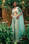 Bhumika Sharma_Blue Organza Embroidered Flower Bustier Sweetheart Pant Set With Cape _Online_at_Aza_Fashions