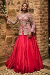 Buy_Bhumika Sharma_Pink Organza Embroidered Flower V-neck Farasha Lehenga With Jacket _at_Aza_Fashions