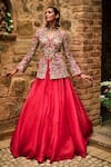 Bhumika Sharma_Pink Organza Embroidered Flower V-neck Farasha Lehenga With Jacket _Online_at_Aza_Fashions