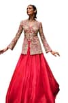 Shop_Bhumika Sharma_Pink Organza Embroidered Flower V-neck Farasha Lehenga With Jacket _Online_at_Aza_Fashions