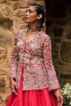 Bhumika Sharma_Pink Organza Embroidered Flower V-neck Farasha Lehenga With Jacket _at_Aza_Fashions