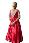 Buy_Bhumika Sharma_Pink Satin Silk Embroidered Floral Closed Round Farasha Anarkali With Pant _Online_at_Aza_Fashions