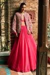 Buy_Bhumika Sharma_Pink Organza Embroidered Floral Blouse V-neck Farasha Lehenga Set With Jacket _at_Aza_Fashions