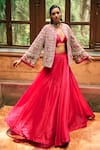 Buy_Bhumika Sharma_Pink Organza Embroidered Floral Blouse V-neck Farasha Lehenga Set With Jacket _Online_at_Aza_Fashions