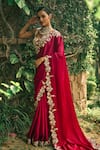 Buy_Bhumika Sharma_Red Satin Silk Embroidered Flower V-neck Saree With Blouse _at_Aza_Fashions