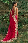 Shop_Bhumika Sharma_Red Satin Silk Embroidered Flower V-neck Saree With Blouse _at_Aza_Fashions