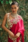 Bhumika Sharma_Red Satin Silk Embroidered Flower V-neck Saree With Blouse _Online_at_Aza_Fashions