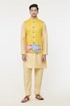 Arihant Rai Sinha_Yellow Kurta And Churidar Silk Printed Cow Threadwork Bundi Set _Online_at_Aza_Fashions