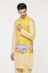 Shop_Arihant Rai Sinha_Yellow Kurta And Churidar Silk Printed Cow Threadwork Bundi Set _Online_at_Aza_Fashions