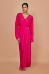 Buy_Pinki Sinha_Pink Crepe Solid V-neck Asymmetric Dress _at_Aza_Fashions