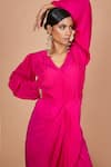 Shop_Pinki Sinha_Pink Crepe Solid V-neck Asymmetric Dress _at_Aza_Fashions