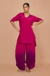 Buy_Pinki Sinha_Wine Crepe Solid Flat Collar High-low Kurta With Petal Pant _at_Aza_Fashions