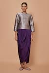 VISHWA BY PINKI SINHA_Purple Banarsi Silk Woven Geometric Mandarin Collar Jacket With Draped Skirt _at_Aza_Fashions