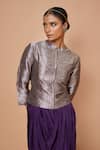 Shop_VISHWA BY PINKI SINHA_Purple Banarsi Silk Woven Geometric Mandarin Collar Jacket With Draped Skirt _at_Aza_Fashions