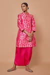 Buy_VISHWA BY PINKI SINHA_Pink Banarsi Silk Woven Floral Mandarin Collar Kurta With Dhoti Pant _at_Aza_Fashions