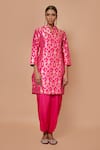 VISHWA BY PINKI SINHA_Pink Banarsi Silk Woven Floral Mandarin Collar Kurta With Dhoti Pant _Online_at_Aza_Fashions